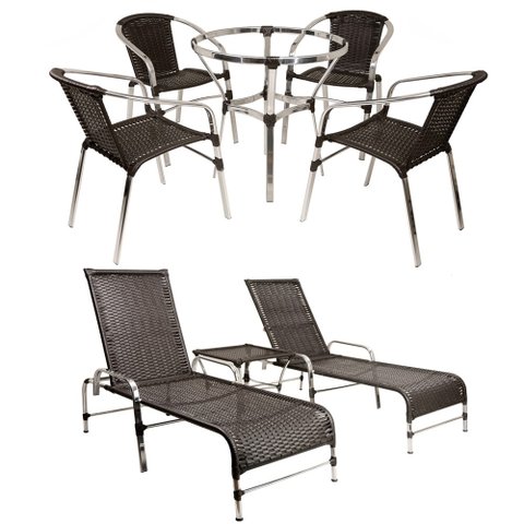 Kit - Jogo de 4 Cadeiras e Mesa Floripa em Alumínio com 2 Espreguiçadeiras Roma Regulável + - Tabaco