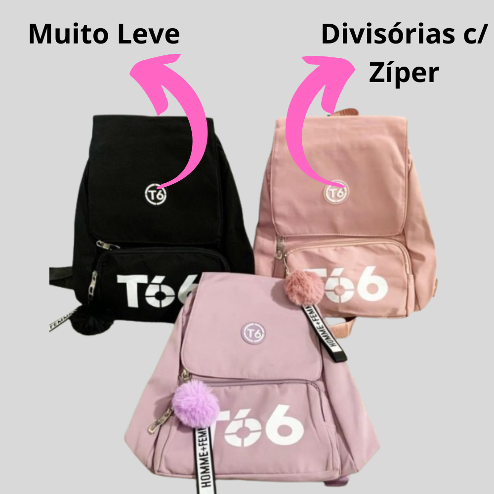 Mochila T66 Bolsa Feminina de Costas Grande Escolar Viagem Passeio C/ Chaveiro Pompom:rosa - 2