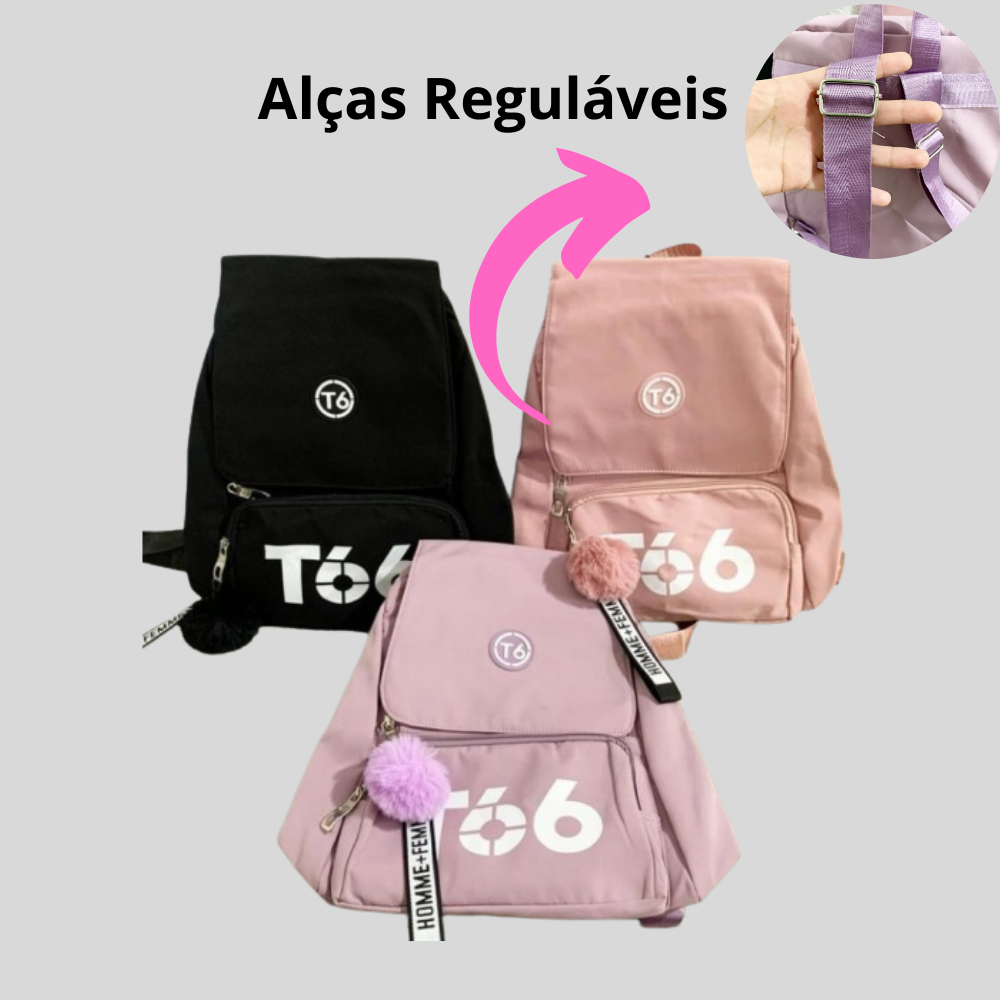 Mochila T66 Bolsa Feminina de Costas Grande Escolar Viagem Passeio C/ Chaveiro Pompom:rosa - 3