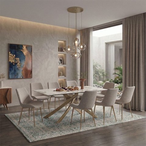 Conjunto Mesa de Jantar Lara 180cm Cerâmica Base Aço Carbono Bronze com 8 Cadeiras em Linho Bege