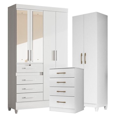 Guarda Roupa com Espelho Infantil Sobral com Cômoda Ms913 e Armário Multiuso New Íris Branco