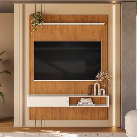 Painel Home Suspenso para TV Betim 136cm MDF-MDP com Porta de Correr Canela-Off White Mobler