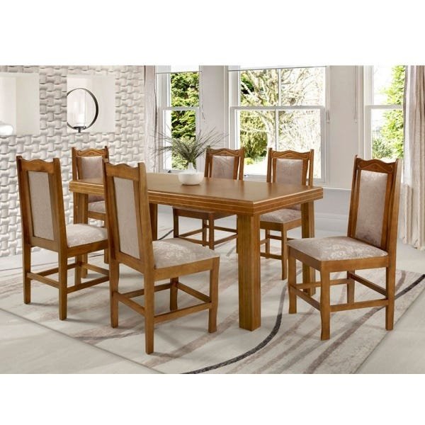 Conjunto de Mesa Madeira Maciça com 6 Cadeiras Essência - Mel