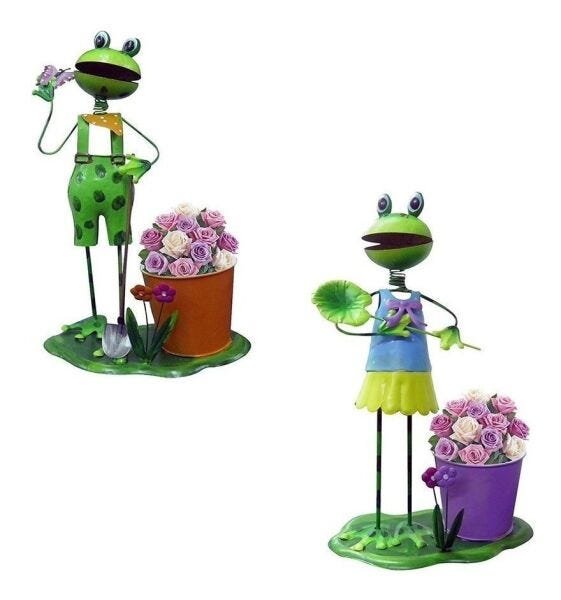 Casal Ferro Boneco Sapo Enfeite Jardim Flores Casa Decoração - 1