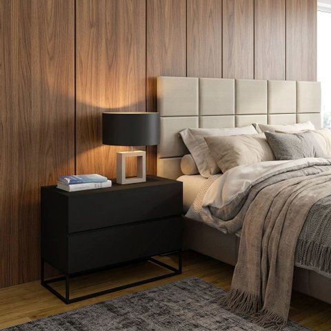 Mesa Cabeceira com 2 Gavetas de MDF Cor Preto Luxo Estilo Industrial