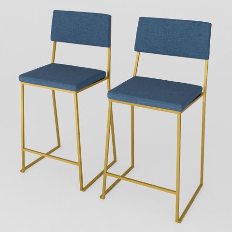 Kit 2 Banquetas Alta Balcão Estofada com Encosto Dourada Linho Dubai