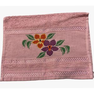 Toalha Lavabo Ponto Cruz com Borbado da Vovó Alice Flores Rosa