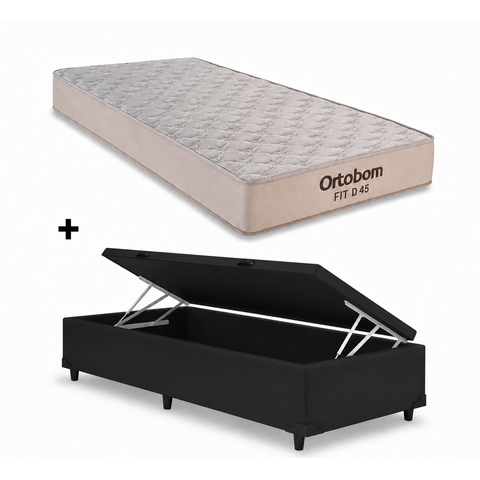 Cama Box Baú Solteiro Preto Colchão Fit D45 Espuma 88x188 - Ortobom