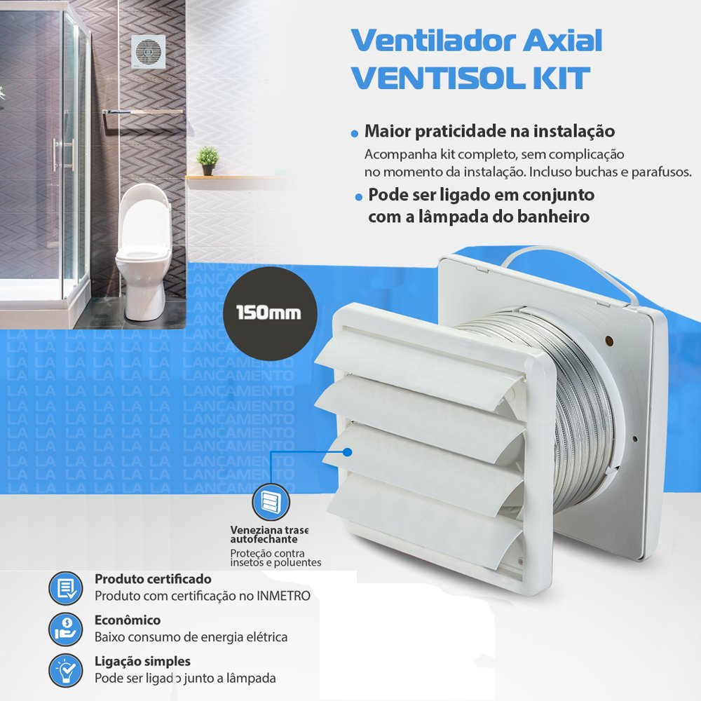 Kit Ventilador Exaustor para Banheiro 150mm 127v Premium Ventisol - 5