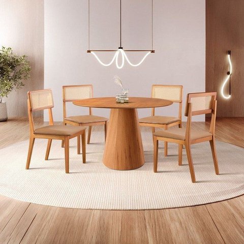 Conjunto Sala de Jantar Mesa Cone Amadeirada 120cm + 4 Cadeiras Ava