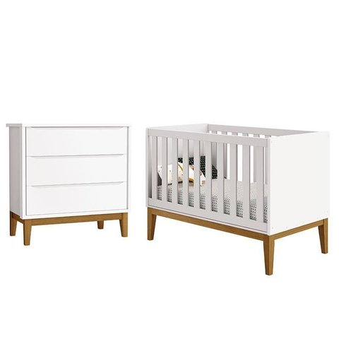Berço Americano e Cômoda Gaveteiro New Classic Branco com Pés Madeira – Reller