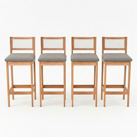 Kit 04 Banquetas Altas Brunella 99cm com Encosto Telinha Estilo Palha Linho Cinza Claro - Desk Desig