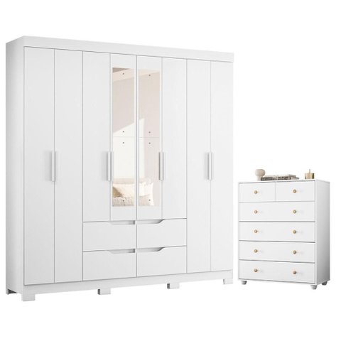 Guarda Roupa Casal Doble 08 Portas com Espelho e Cômoda Vittoria Branco - Móveis Albatroz