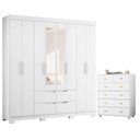 Ver imagem 1 de Guarda Roupa Casal Doble 08 Portas com Espelho e Cômoda Vittoria Branco - Móveis Albatroz