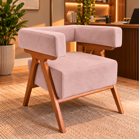 Poltrona Decorativa Mirela Suede Design Moderno Pés Madeira:Rose