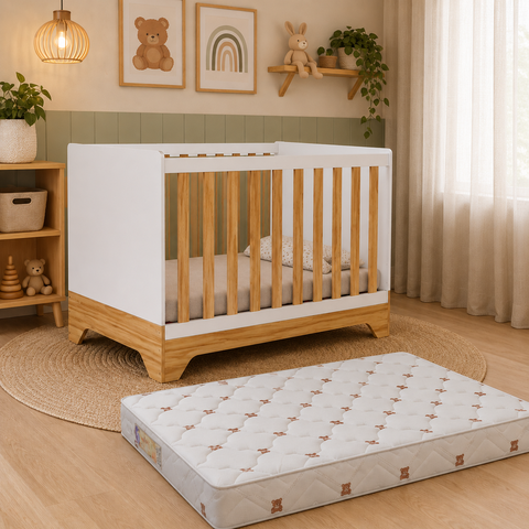 Kit Berço Peroba Popy Retro Branco Amêndoa + Colchão Incluso