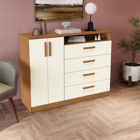 Cômoda 4 Gavetas e 2 Portas de Madeira Complet Marrom/Canela/Off White