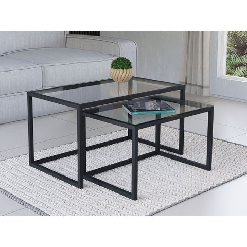 Conjunto Mesa de Centro Industrial 85cm e 80cm Aço Preto Duo Vidro Don Castro Decor Industrial Premi