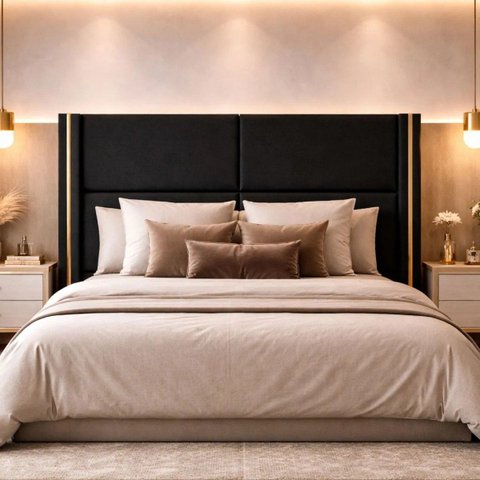 Cabeceira Grecia Estofada Luxo Casal com Detalhes Dourado Bz Preto