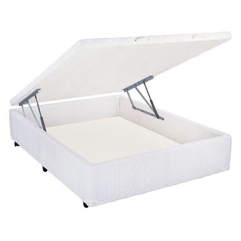 Cama Box Casal com Baú Mega Colchões Branco com Pistão - 138x188 Bipartido