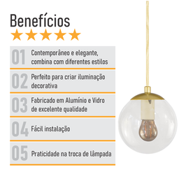 Pendente Globo Esfera de Vidro Cristal 14cm - Ouro - 5