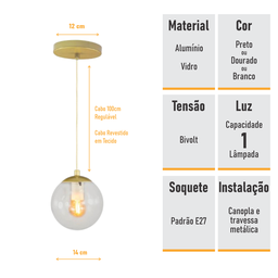 Pendente Globo Esfera de Vidro Cristal 14cm - Ouro - 4