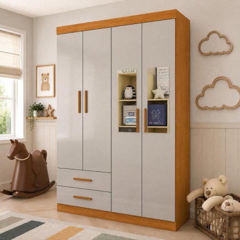 Guarda-Roupa Infantil com Espelho 4 Portas 2 Gavetas 118,5cm Multimóveis CR35559 Madeirado/Off