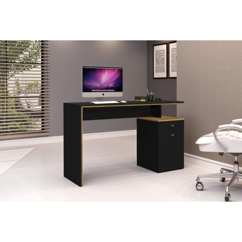 Mesa / Escrivaninha Off Para Escritório Moderna Com Gaveta e Porta Cor Nature/Preto JA