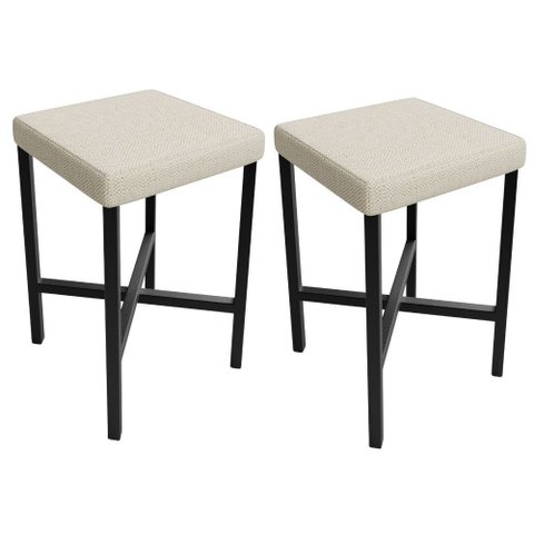 Kit 02 Banquetas Baixa Bar Cozinha Sala de Jantar Preto Stella L02 Linho Champagne - Lyam Decor