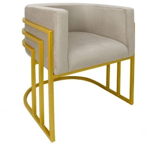 Cadeira Poltrona Luxo Base de Metal Tripla Dourado Sala de Jantar Cozinha Recepção Veludo Bege