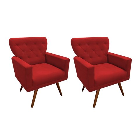 Kit 2 Poltronas Decorativa Aurora Suede Vermelho Pés Madeira Ms Decor