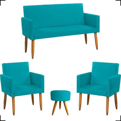 Kit Namoradeira Decorativa + 2 Poltronas Para Sala Reforçadas + Puff Redondo Suede
