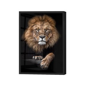 Quadro Decorativo Grande de Vidro Leão Preto com Moldura