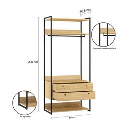 Conjunto de Guarda-roupa P/closet Industrial Olivar 1 Porta 6 Gavetas 197cm - Pinus - 2