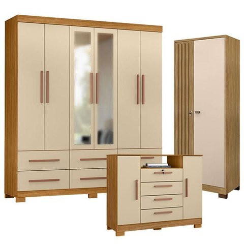 Guarda Roupa Casal New Kansas com Espelho com Cômoda Madri e Armário Multiuso Versatile Carvalho