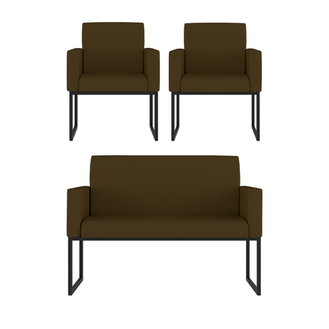 Kit 2 Poltrona + Sofá 2 Lugares com Base Ferro Preta Courino Cor:marrom