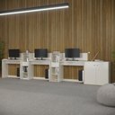 Ver imagem 1 de Conjunto de Escritório Noruega 2 Livreiro 1 Buffet e 3 Mesas 90cm - Via Nossa - Off White e Cedro