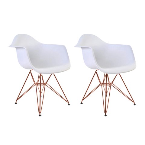 Kit 2 Poltronas Eiffel Eames Branca com Braço Daw em Ferro Cobre