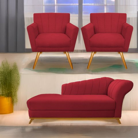 Kit Diva Recamier Vanessa 185cm Lado Esquerdo e 02 Poltronas Laura Suede - Doce Sonho Móveis RECAMIE