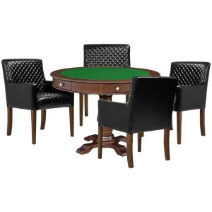 Mesa de Jogos Carteado Victoria Redonda Tampo Reversível Imbuia com Kit 4 Cadeiras Liverpool Pu