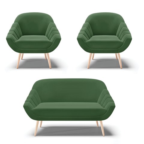 Kit 01 Namoradeira 02 Lugares e 02 Poltronas Giovana Suede Pés Palito Natural - D’Rossi - Verde
