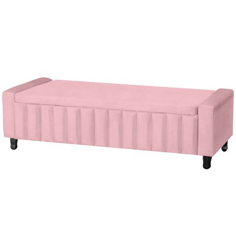 Calçadeira Baú Casal Queen Estofada Alicia Veludo Rosa Bebe