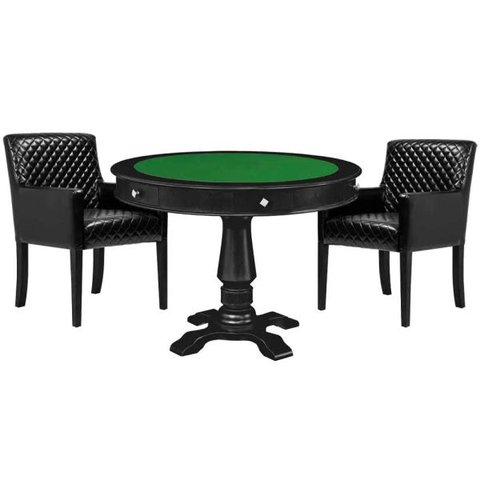 Mesa de Jogos Carteado Victoria Redonda Tampo Reversível Preto com Kit 2 Cadeiras Liverpool Pu
