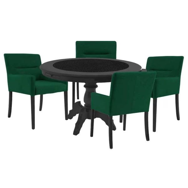 Mesa de Jogos Carteado Montreal Redonda Tampo Reversível Preto com 4 Cadeiras Vicenza Verde - Gran - 1