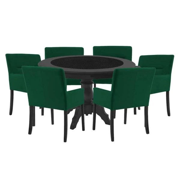 Mesa de Jogos Carteado Montreal Redonda Tampo Reversível Preto com 6 Cadeiras Vicenza Verde - Gran - 1