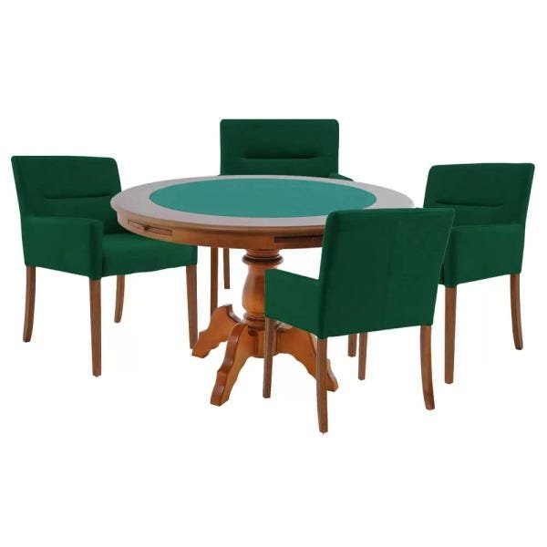 Mesa de Jogos Carteado Redonda Montreal Tampo Reversível Amêndoa com 4 Cadeiras Vicenza Verde - - 1