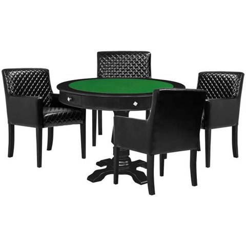 Mesa de Jogos Carteado Victoria Redonda Tampo Reversível Preto com Kit 4 Cadeiras Liverpool Pu