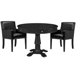 Mesa de Jogos Carteado Redonda Victoria Tampo Reversível Preto com Kit 2 Cadeiras Liverpool Pu