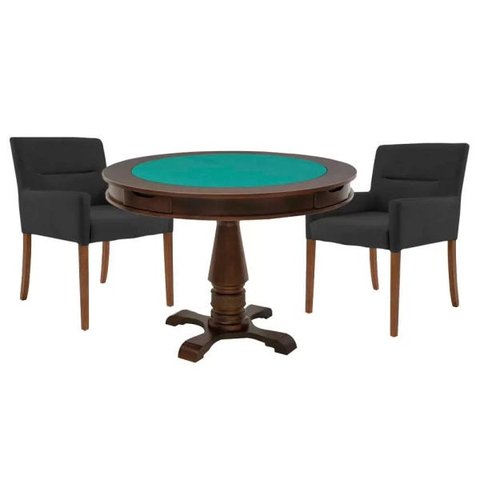Mesa de Jogos Carteado Victoria Redonda Tampo Reversível Imbuia com 2 Cadeiras Vicenza Suede Preto F