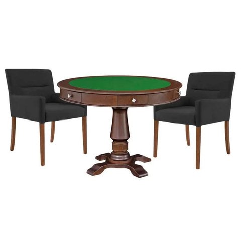 Mesa de Jogos Carteado Victoria Redonda Tampo Reversível Imbuia com Kit 2 Cadeiras Vicenza Suede Pre